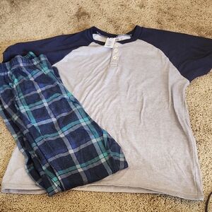Casual Blue and Gray Raglan Tee with Plaid Pajama Pants